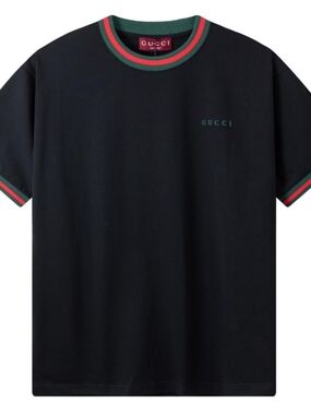 Gucci Black Cotton Tee with Green and Red Trim